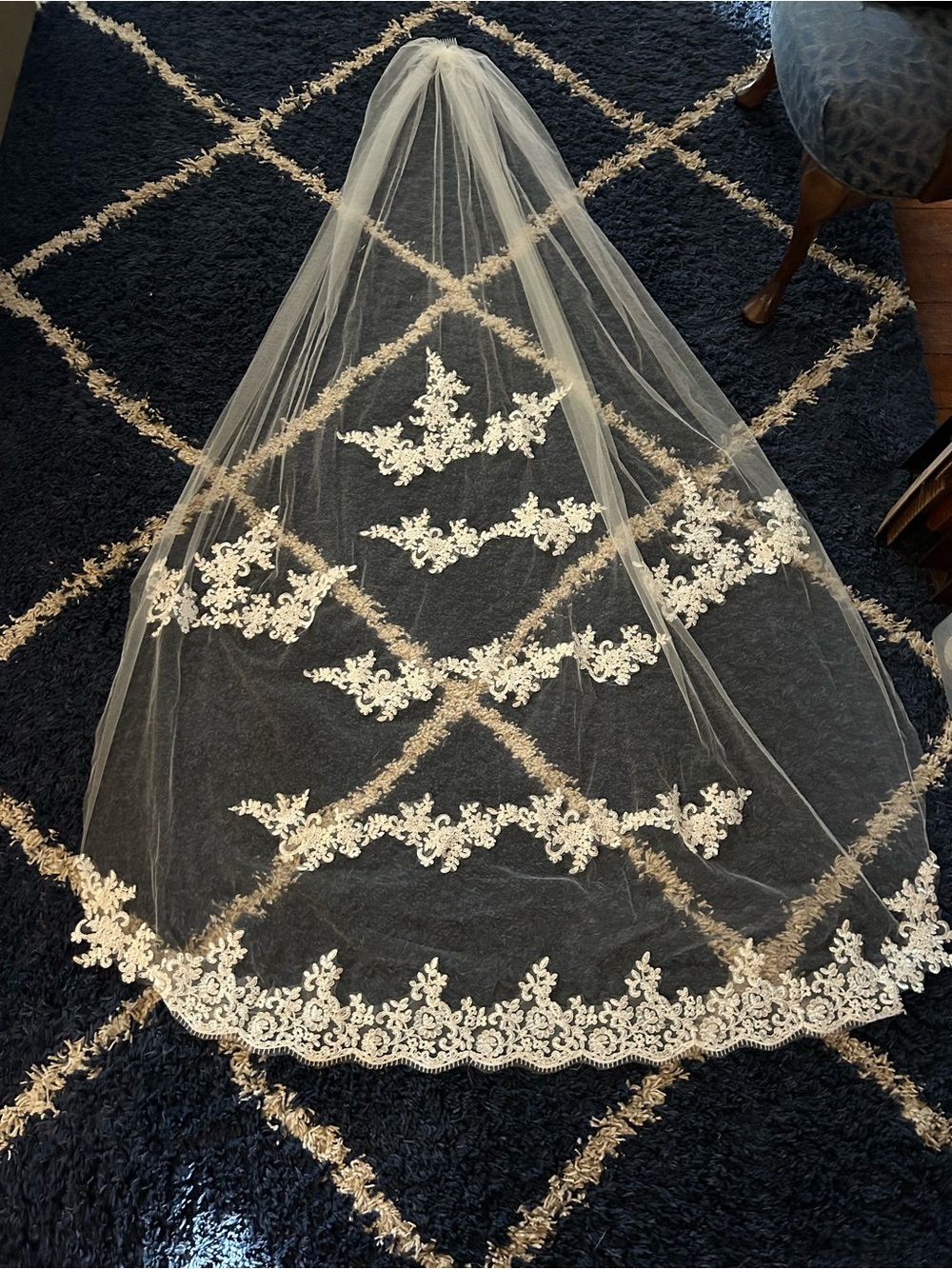 Long 6ft White Wedding VEIL Tulle with Lace Appliqué on Comb
